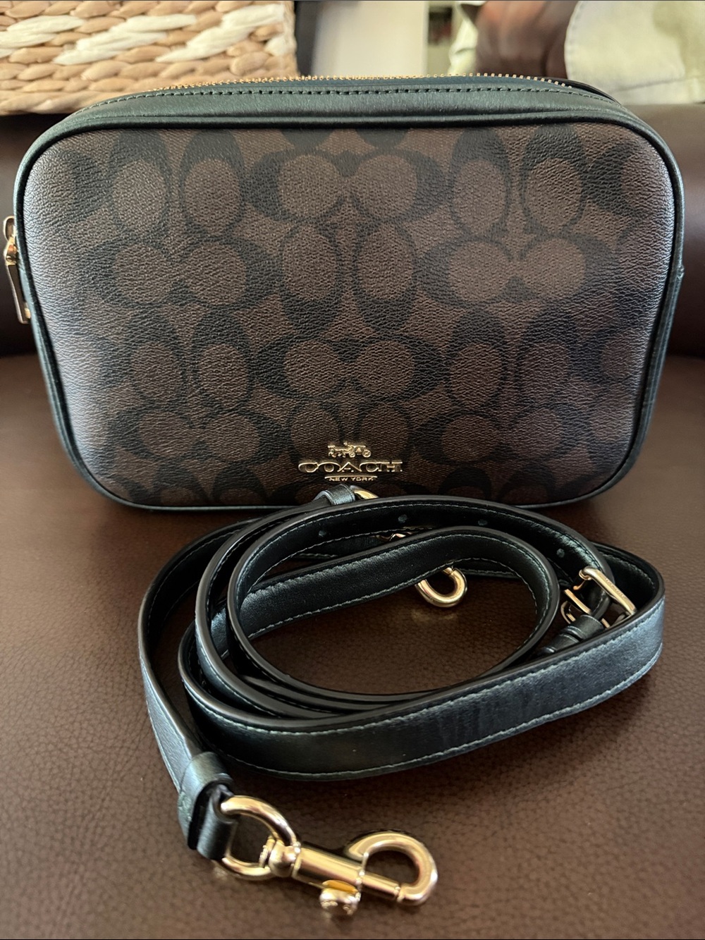 Coach Brown Signature Canvas Crossbody with Black Strap